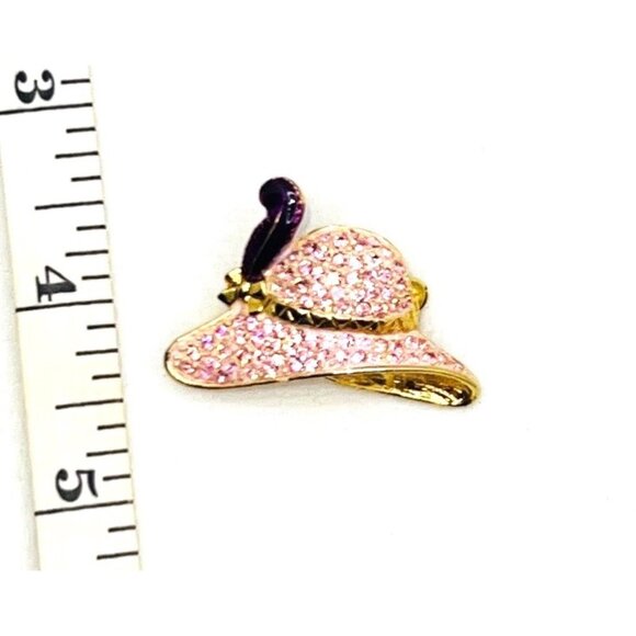 Pink Rhinestone Hat Brooch Pin Gold-Tone With Purple Feather Accent - Picture 1 of 2